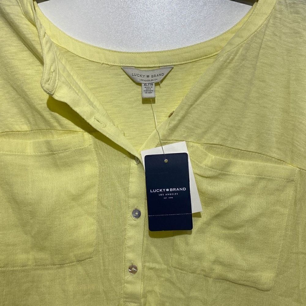 Lucky Brand Womens XL Yellow Short‎ Sleeve Button Up Slub Henley Top Pockets - Picture 9 of 9